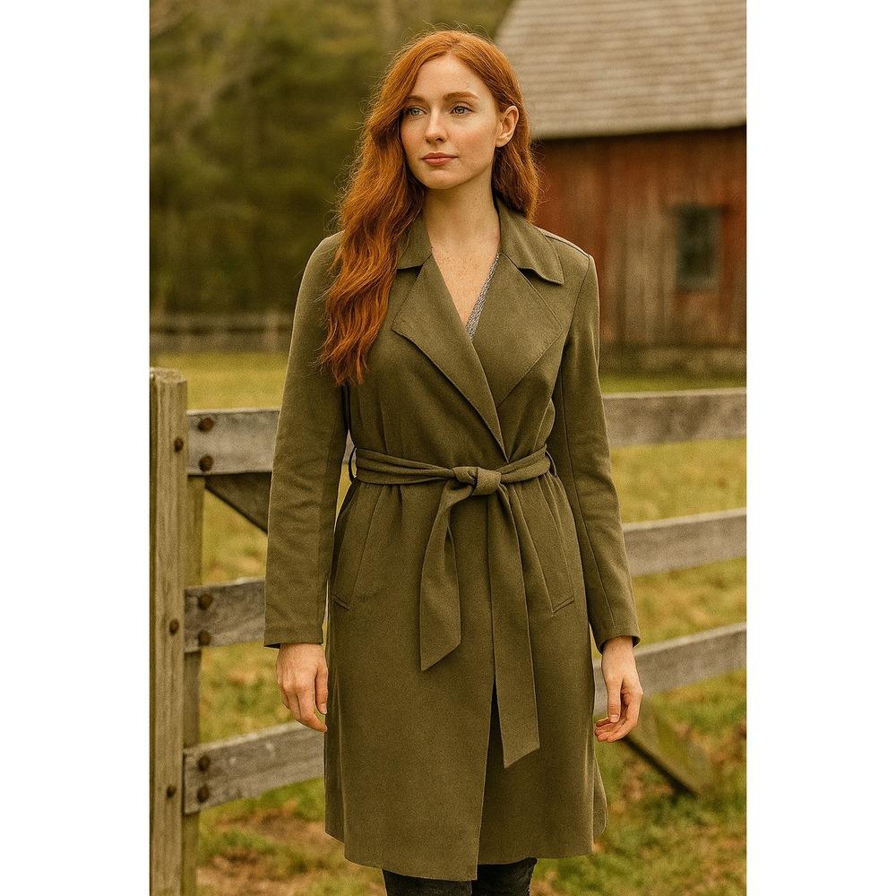 Oakridge Trench Coat Womens 10 Olive Green Microsuede‎ Layered Collar Belted